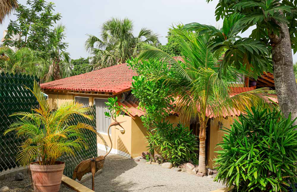 Una encantadora casa amarilla con techo de tejas rojas está rodeada de una exuberante vegetación, que incluye palmeras y plantas en macetas. Un camino de grava conduce a la entrada y una escultura de grúa decorativa se encuentra cerca de las plantas. El cielo está brillante.